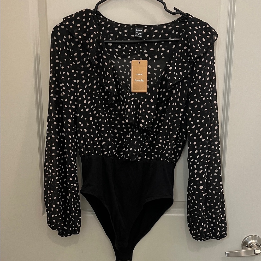 SHEIN Black Blouse with White Dots
